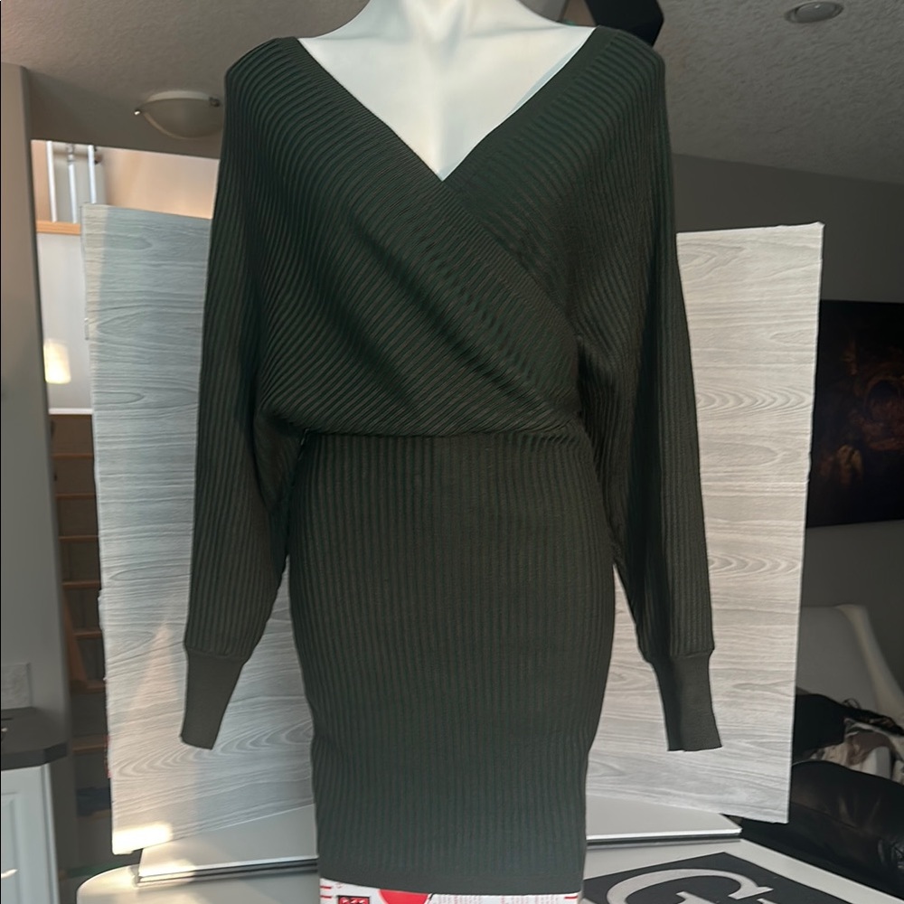 Love Tree Green Ribbed Wrap Dress with Dolman Sleeves